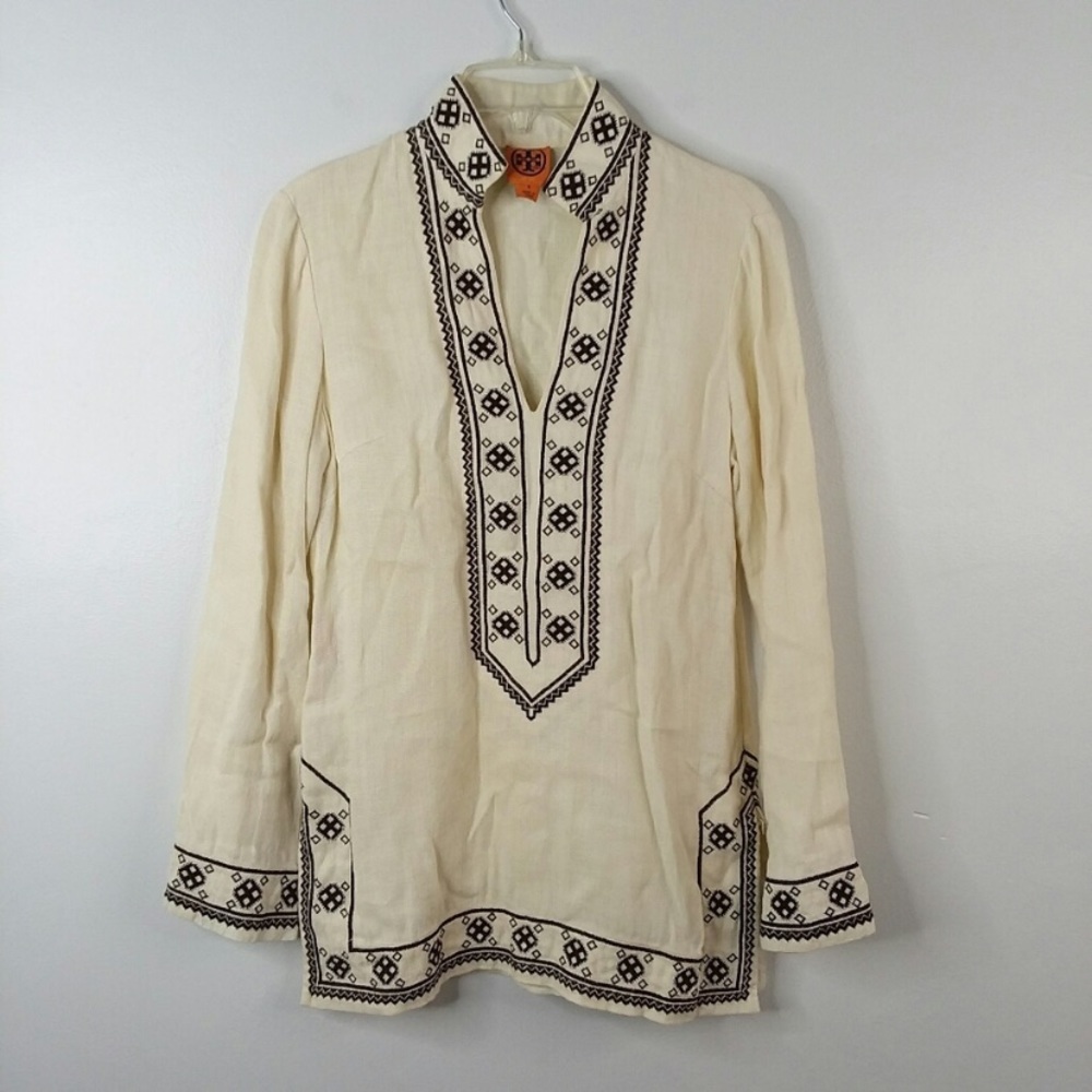 TORY BURCH linen V-Neck embroidery TUNIC sz FOUR
